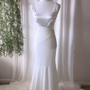 White satin and chiffon cutout long dress